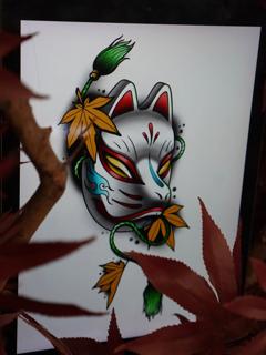 Japanese kitsune mask tattoo by @codyeaglestattoo