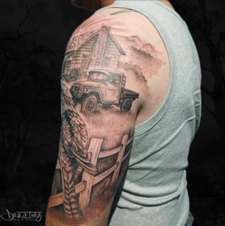 Realism rural landscape tattoo by @dan.of.inkz