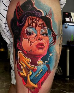 Neo-traditional devil woman tattoo by @komarov_tattoo