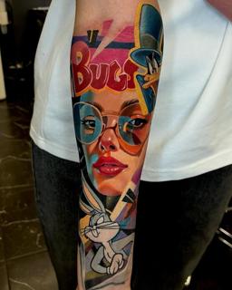 Illustrative bugs bunny collage tattoo by @komarov_tattoo
