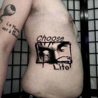 Blackwork distorted face quote tattoo by @bdt_tattoos