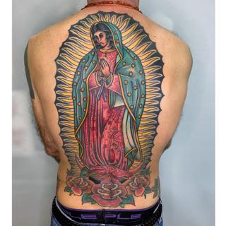 Traditional guadalupe portrait tattoo by @dimitris_v_tattooer