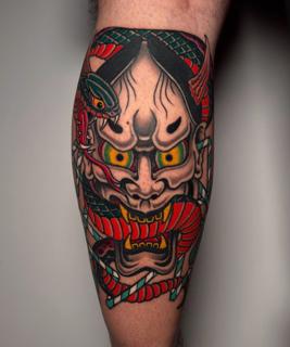 Japanese hannya mask snake tattoo by @dimitris_v_tattooer