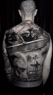 Realism surfing scene tattoo by @dinos.mts