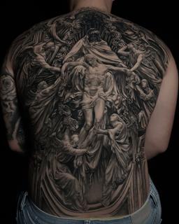 Realism religious scene tattoo by @dinos.mts