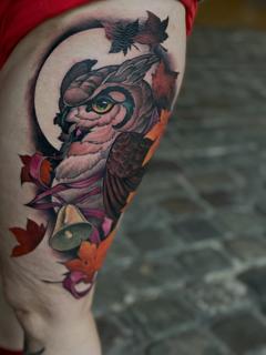 Neo-traditional autumn owl tattoo by @dropout_cph