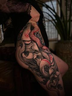 Japanese japanese snake mask tattoo by @dropout_cph