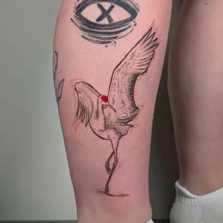Fine line crane bird tattoo by @studiotwo23