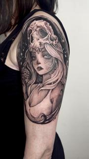 Black And Grey Realism woman with skull tattoo by @elapour