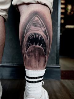 Realism great white shark tattoo by @elishawickedink