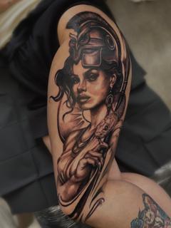 Realism warrior woman tattoo by @ellecartelle