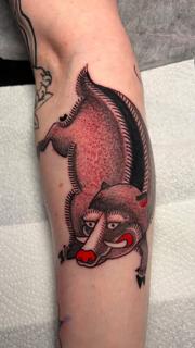 Traditional cartoon boar tattoo by @ewilliamstattoos