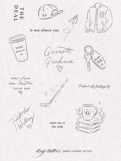 Fine line story elements tattoo by @emmathornetattoo