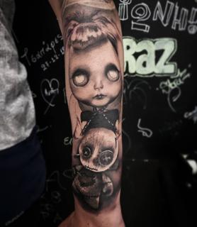 Realism creepy doll tattoo by @enopolovina