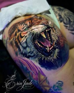 Realism roaring tiger tattoo by @erinjadetattoos