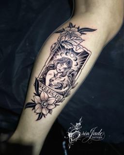 Blackwork tarot card tattoo by @erinjadetattoos