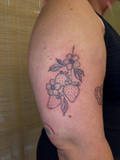 Fine line strawberry flowers tattoo by @moonchild_finetattoo