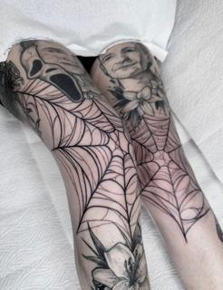 Blackwork spider web tattoo by @evxtattoo