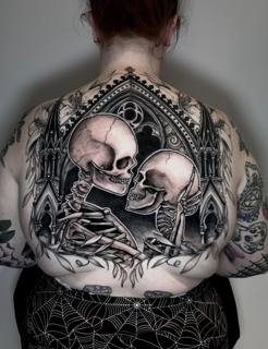 Blackwork gothic skeletons tattoo by @evxtattoo