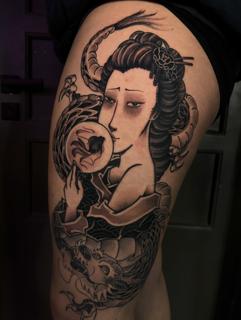 Japanese geisha and dragon tattoo by @evanthiee
