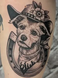 Realism dog with horseshoe tattoo by @evi.sv