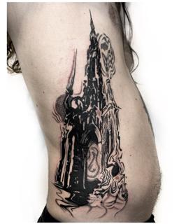 Blackwork gothic cathedral tattoo by @xema.tattoos