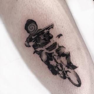 Blackwork soldier with rifle tattoo by @xema.tattoos