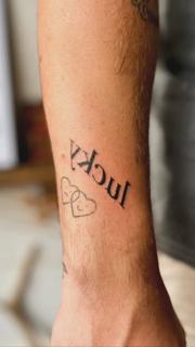 Lettering lucky hearts tattoo by @fresh.ink.anna