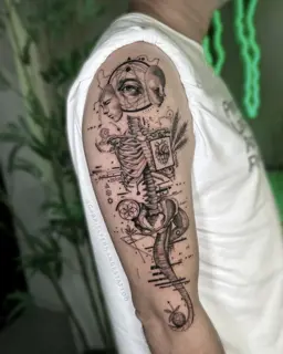 Illustrative surreal skeleton faces tattoo by @gabrielfernandestatuador