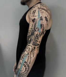 Illustrative angelic warrior tattoo by @gabrielfernandestatuador