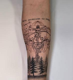 Fine line vitruvian geometric forest tattoo by @gabrielfernandestatuador