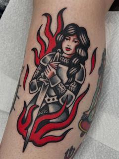 Traditional knight woman tattoo by @geeetattoos