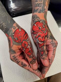 Traditional cartoon devil tattoo by @gemcartertattoo