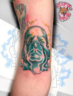 Neo-traditional frankenstein head tattoo by @alma_mala_tattoo