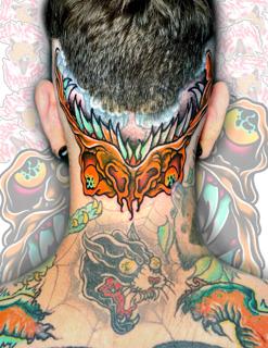 Neo-traditional demonic mask tattoo by @alma_mala_tattoo