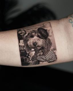 Realism dog portrait tattoo by @goldy_z
