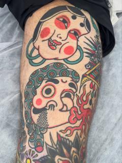 Traditional traditional masks tattoo by @bad_news_tattoos