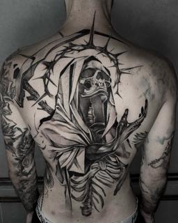 Blackwork skeleton figure tattoo by @luvnroll