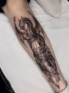 Illustrative dragon castle tattoo by @gracebtattoos
