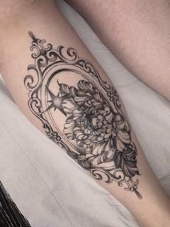 Fine line ornamental ornate floral frame tattoo by @gracebtattoos