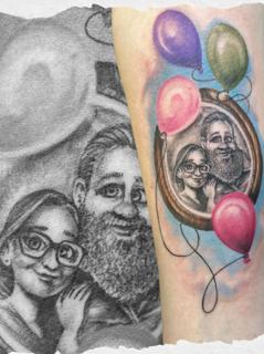 Illustrative cartoon portrait balloons tattoo by @gracetattoo