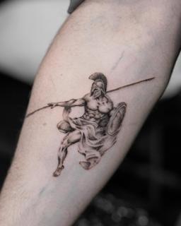 Dotwork spartan warrior tattoo by @griff.tattoo