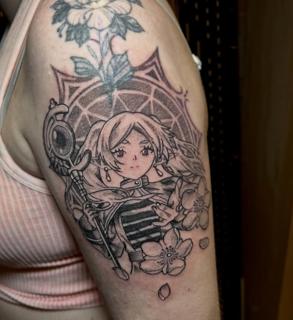 Anime anime girl staff tattoo by @hanb.tattoo