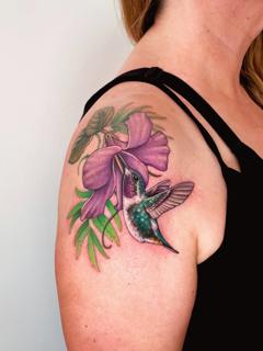 Realism hummingbird flower tattoo by @hattiejcox_tattoo