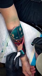 Realism boba fett helmet tattoo by @hermit_ttt