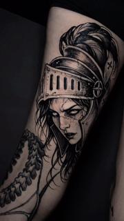 Blackwork warrior portrait tattoo by @honey.scarheart