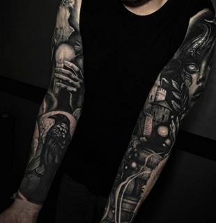 Realism gothic scene tattoo by @honey.scarheart