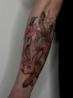 Neo-traditional jackalope tattoo by @illytattoo