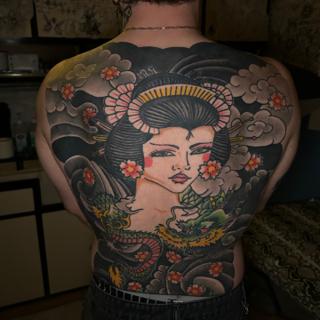 Japanese geisha and dragon tattoo by @ziggi_tattoos