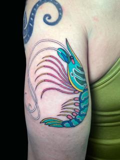 Traditional colorful shrimp tattoo by @inmatattooartist